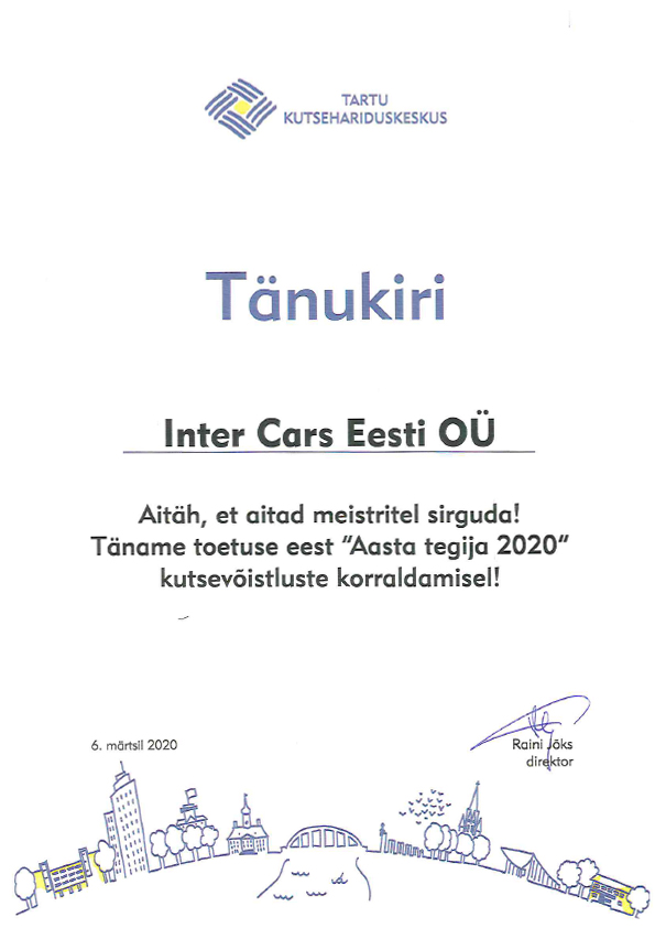 Tänukiri Inter Cars Eesti OÜ´le